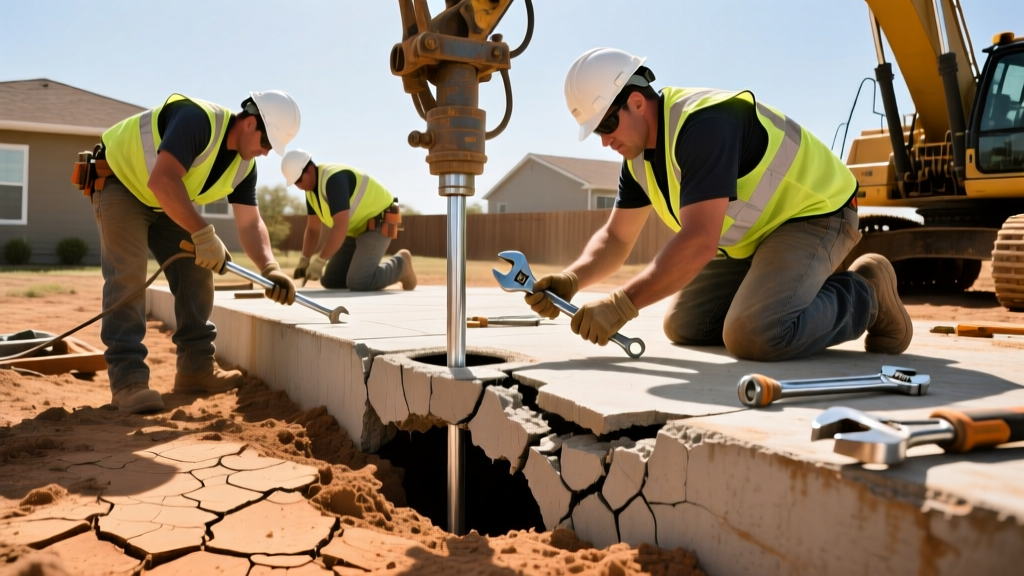 Construction crew installing galvanized steel push piers beneath a cracked concrete slab foundation in a dry, clay-heavy suburban yard