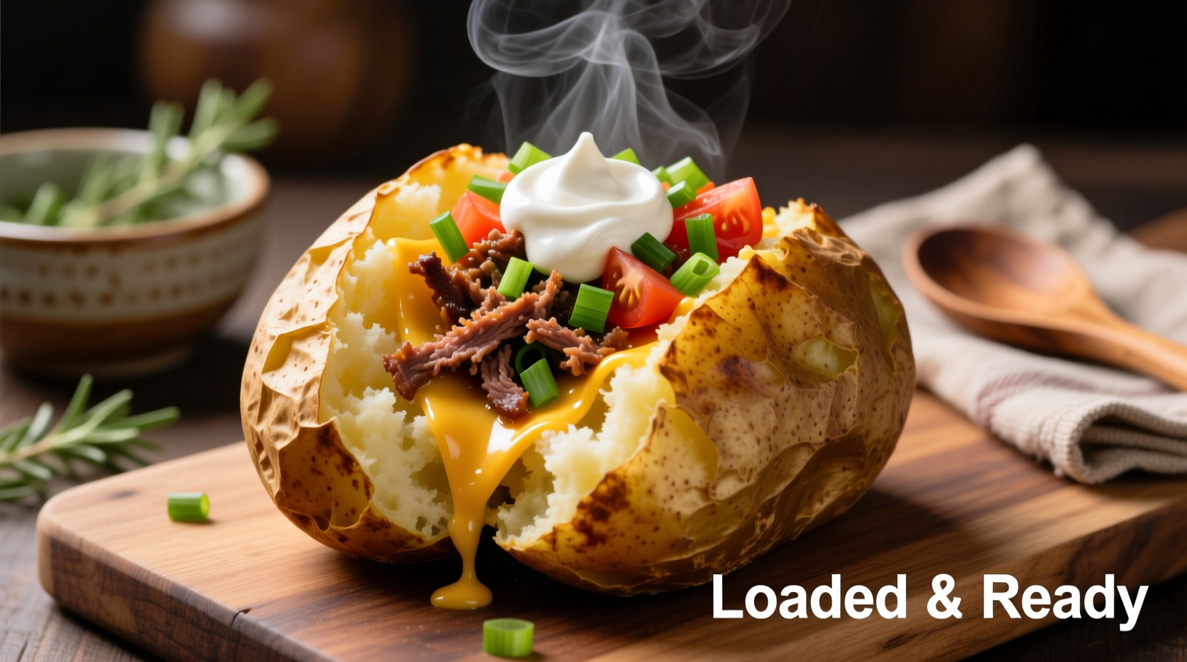 Loaded baked potato with meat and fresh toppings