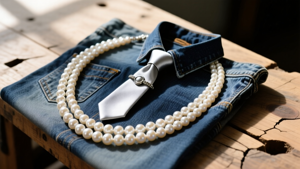 Flat lay of a 34-inch opera pearl necklace draped over worn denim and a silver bolo tie on a rustic wooden workbench