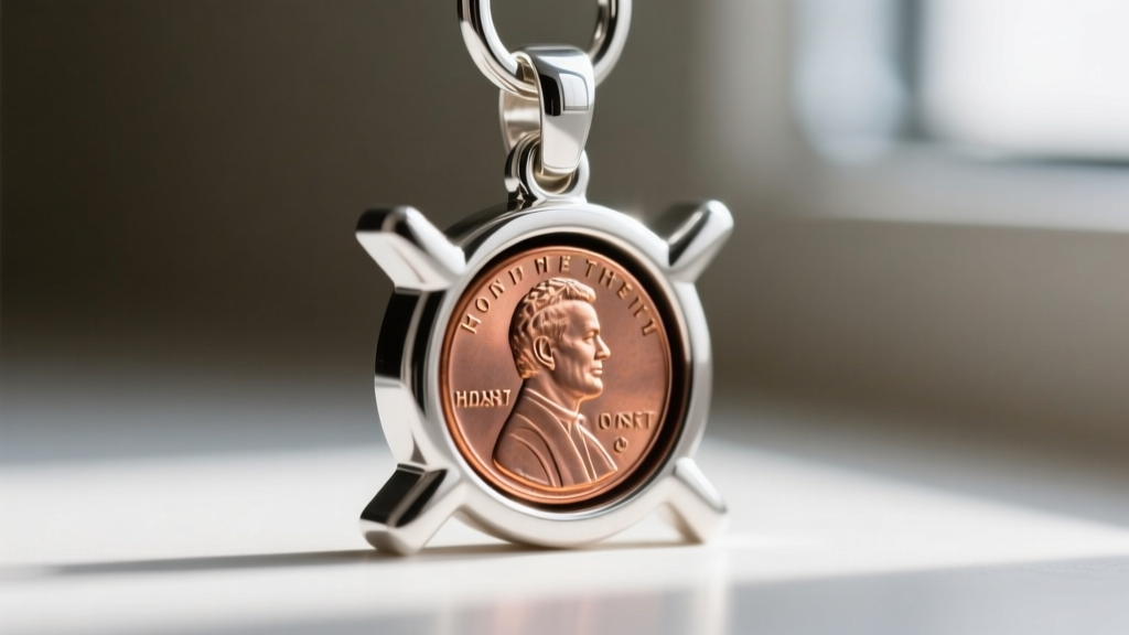 Macro shot of a sterling silver bezel holding a copper penny, highlighting a secure four-prong mount and polished connection bail