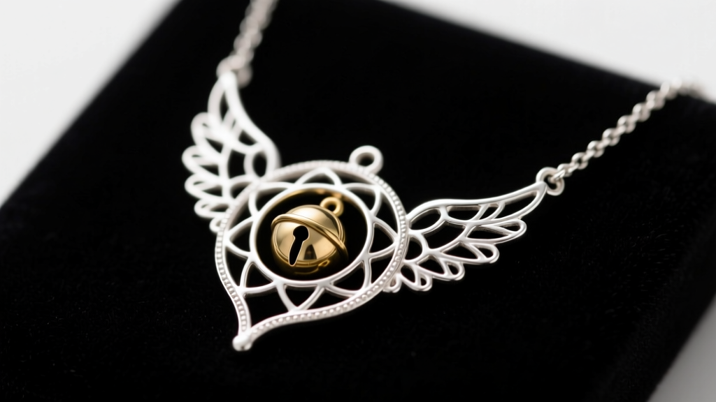 Close-up of a sterling silver angel caller necklace on dark velvet, highlighting the filigree cage and inner brass chime ball.