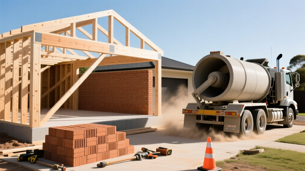 Australian residential construction site featuring cross-laminated timber framing, stacked clay bricks, and a concrete delivery truck.