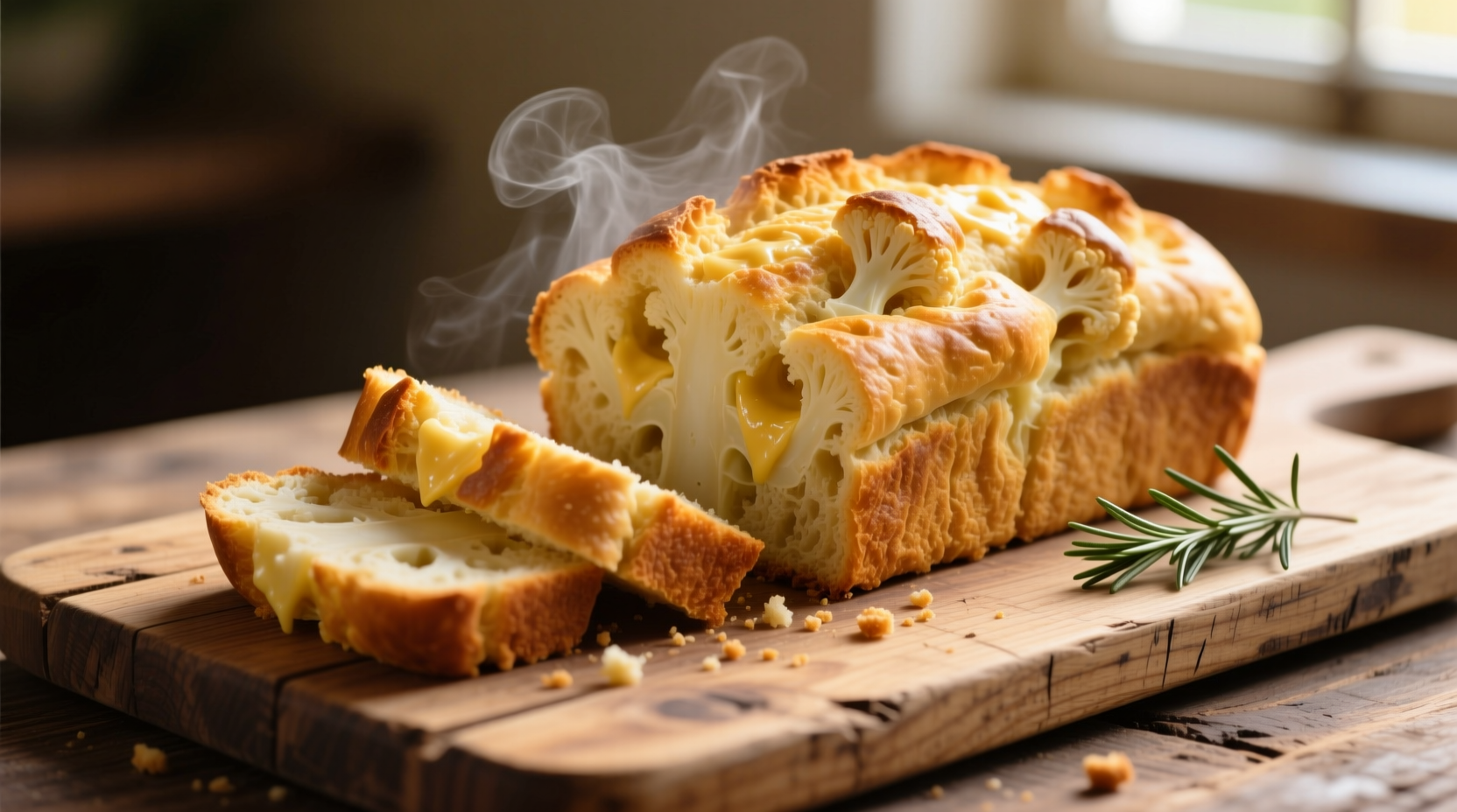 Golden cauliflower bread loaf sliced on wooden board