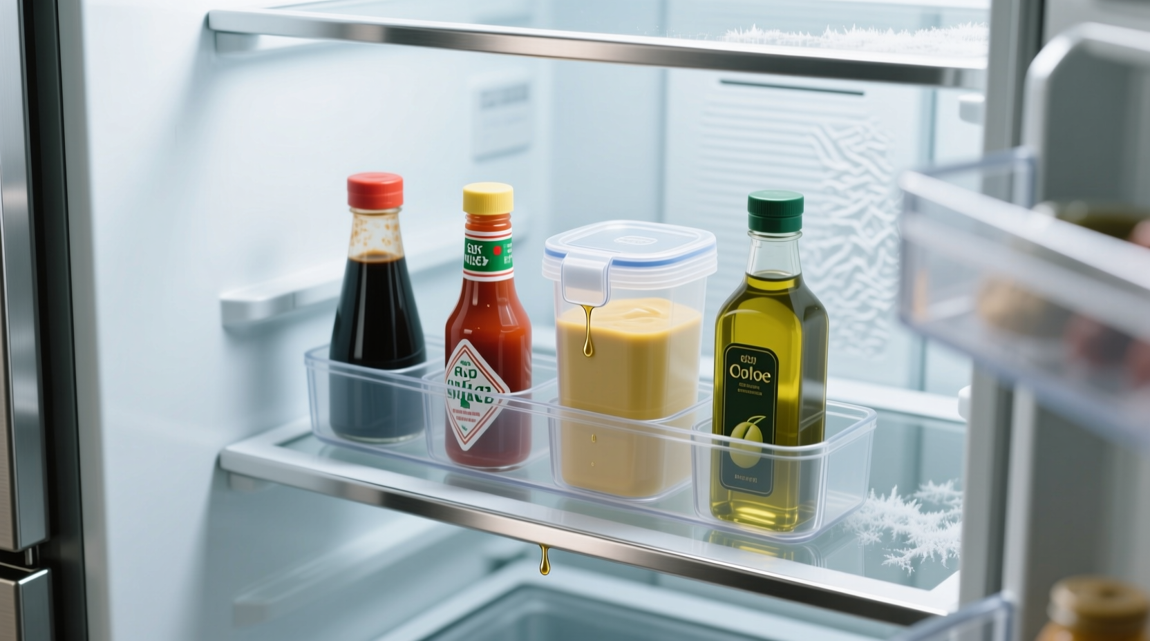 keep condiments from dripping in the fridge with contai
