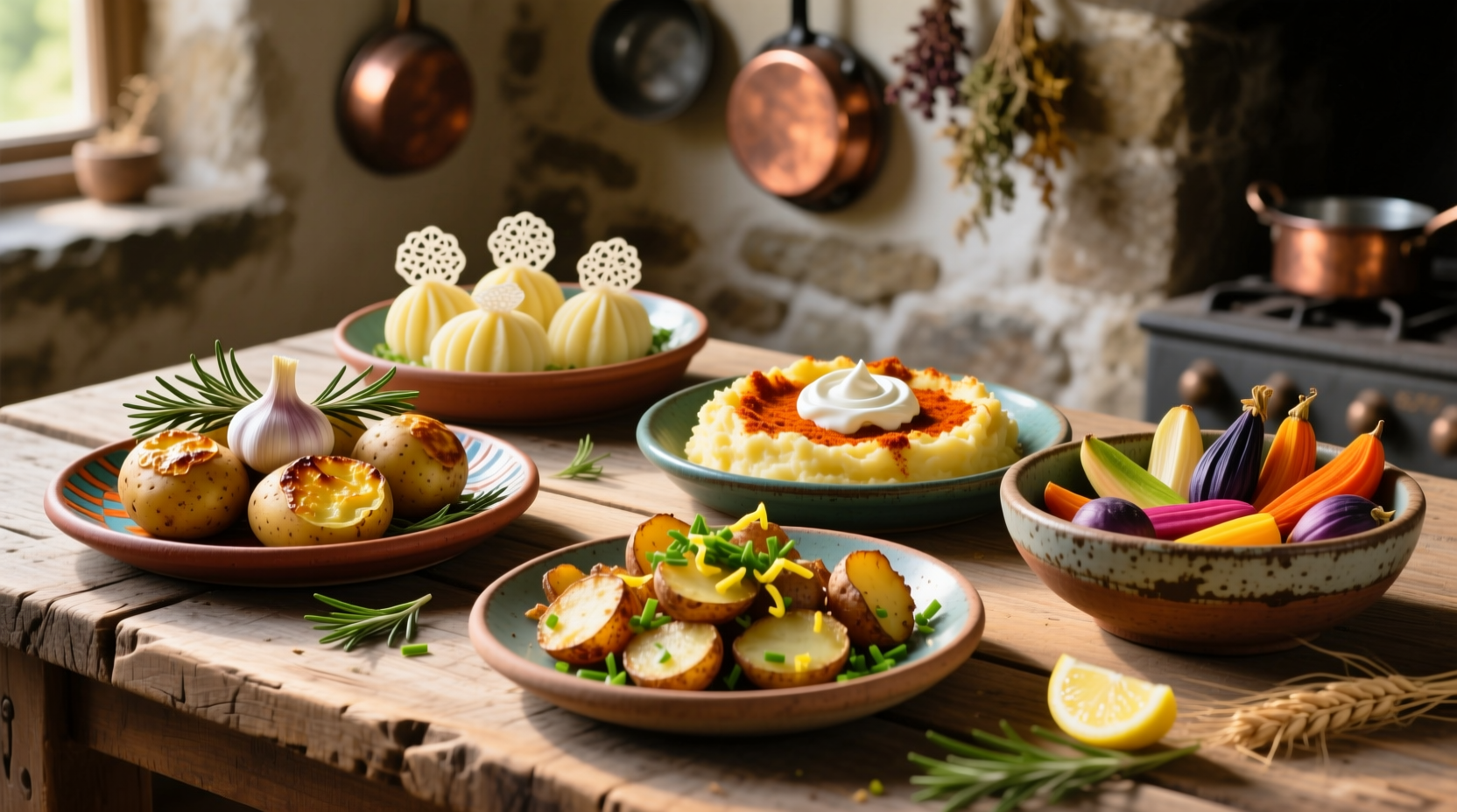 Five colorful potato dishes on rustic wooden table