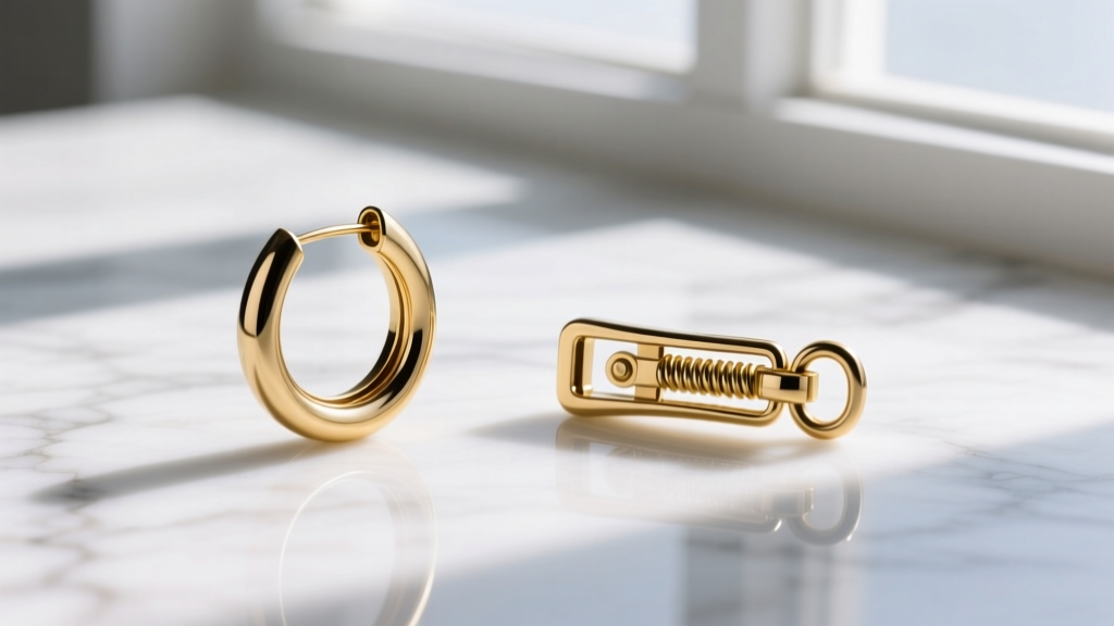 Flat lay of twisted earring clasps, comparing a latchback hoop with a hinged clicker mechanism on a white marble surface.