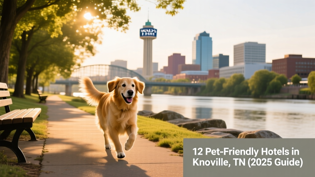 A happy dog enjoying a shaded walking path along the Tennessee River in Knoxville, with downtown skyline visible in the background