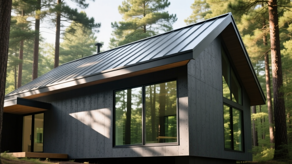 Modern home in pine forest with charcoal fiber cement siding, standing seam metal roof, and dual-pane tempered glass windows.