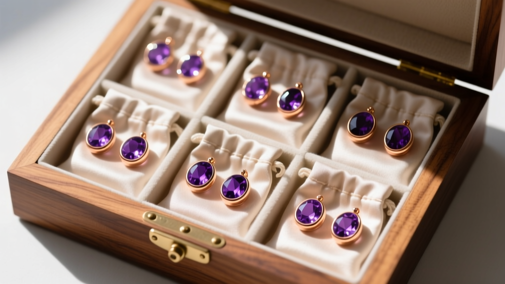 Rose gold amethyst hoops stored individually in soft anti-tarnish pouches inside a lined wooden jewelry box, top-down angle.