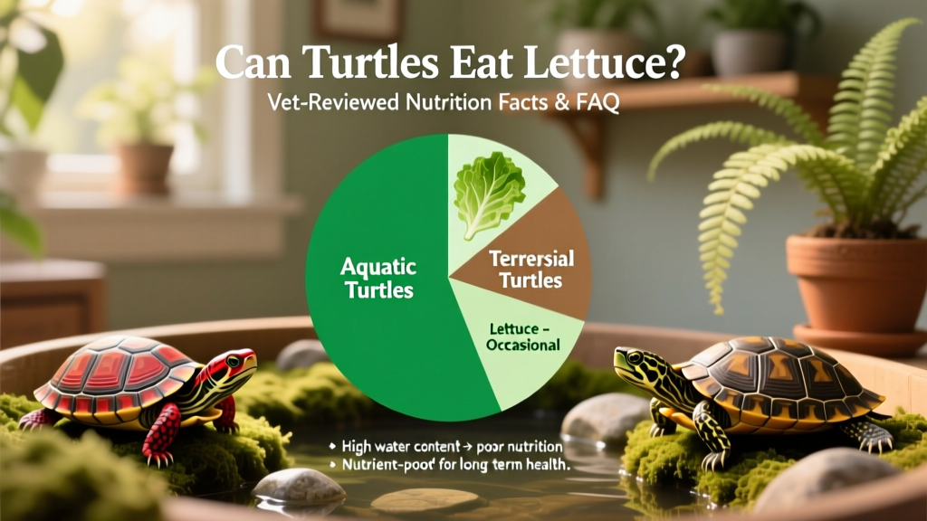 Infographic showing recommended weekly vegetable ratios for aquatic vs. terrestrial turtles, with lettuce shown as a tiny 'occasional' segment
