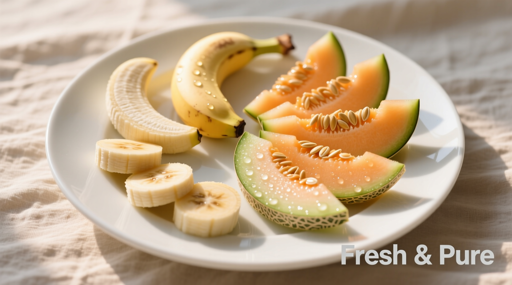 Sliced bananas and melon on a white plate