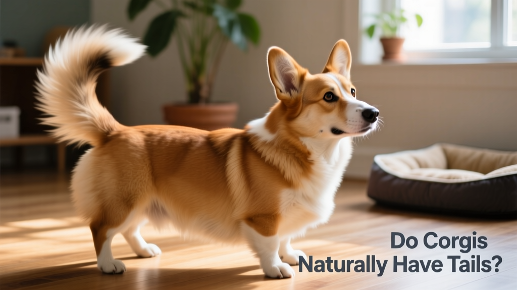 Close-up of a healthy Cardigan Corgi wagging its full-length, bushy tail