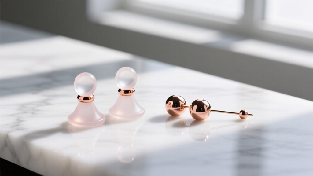 Translucent silicone earring stoppers and small rose gold metal friction beads placed next to a threader earring on marble.