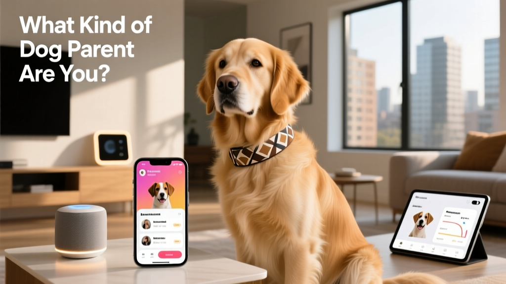 A stylish dog wearing a patterned collar and sitting beside modern smart home devices, including a smartphone showing a pet app interface