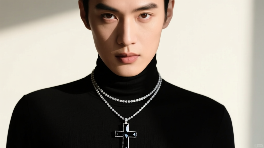 Person wearing a layered 20-inch black diamond cross pendant over a black turtleneck, showcasing high contrast and modern styling