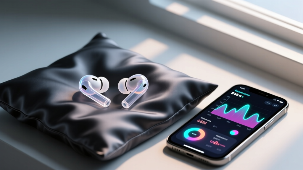 Close-up of translucent true wireless sleep earbuds resting on a dark silk pillowcase next to a glowing smartphone displaying sleep cycle data
