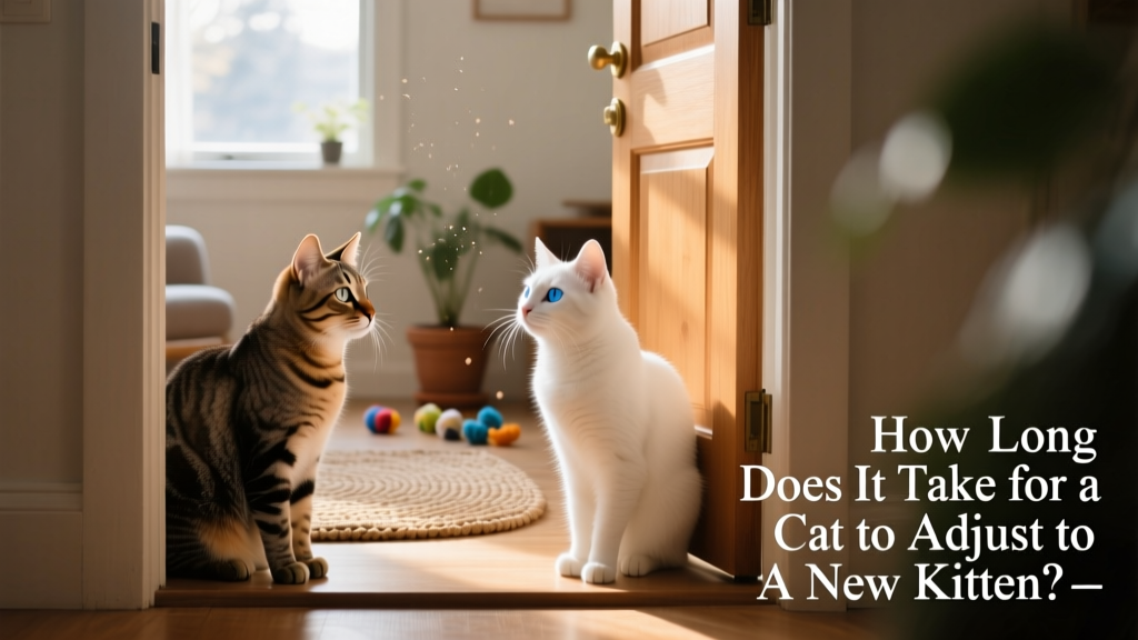 Two cats observing each other from opposite sides of a slightly open door, with a calm, neutral expression