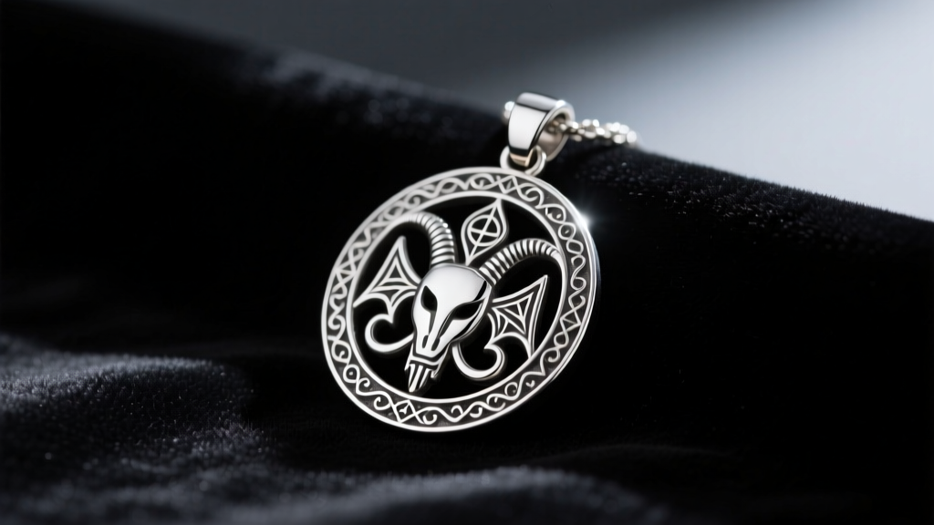 A 925 sterling silver Baphomet pendant on dark velvet, lit by moody rim lighting to highlight intricate metal engraving.