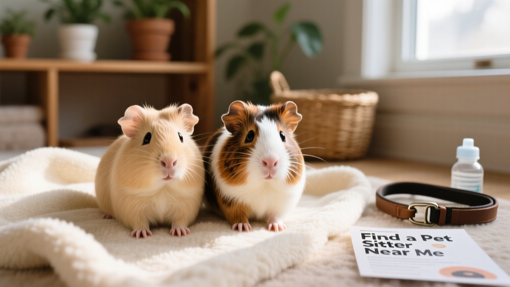 Two guinea pigs sitting side by side on a soft blanket, facing the camera