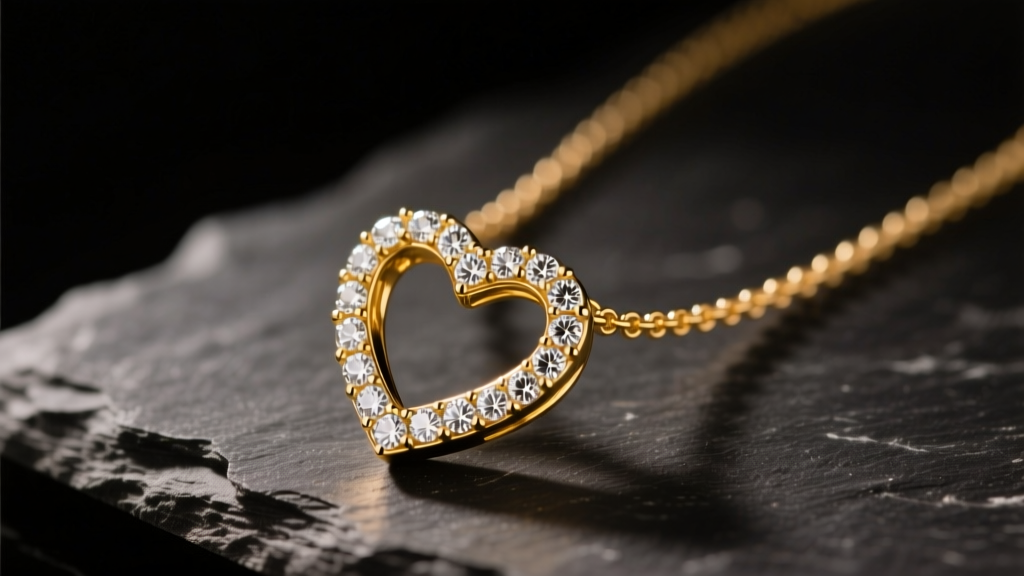 Close-up of an 18k yellow gold and diamond heart necklace on dark slate, illuminated by warm soft directional studio lighting.