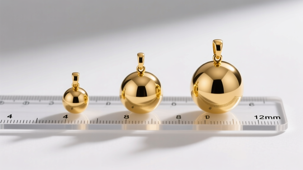Three solid gold ball pendants of 4mm, 8mm, and 12mm diameters aligned on a ruler to show exact scale and weight differences.