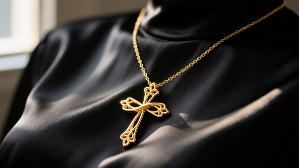 Close-up of a polished 14k gold infinity cross necklace on a dark silk blouse, soft window light highlighting the metal joints.