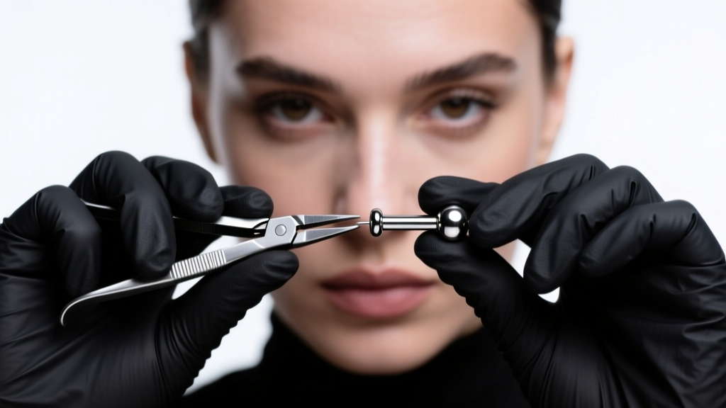Piercer in black nitrile gloves adjusting a titanium surface barbell end using hemostats under bright clinical lighting.