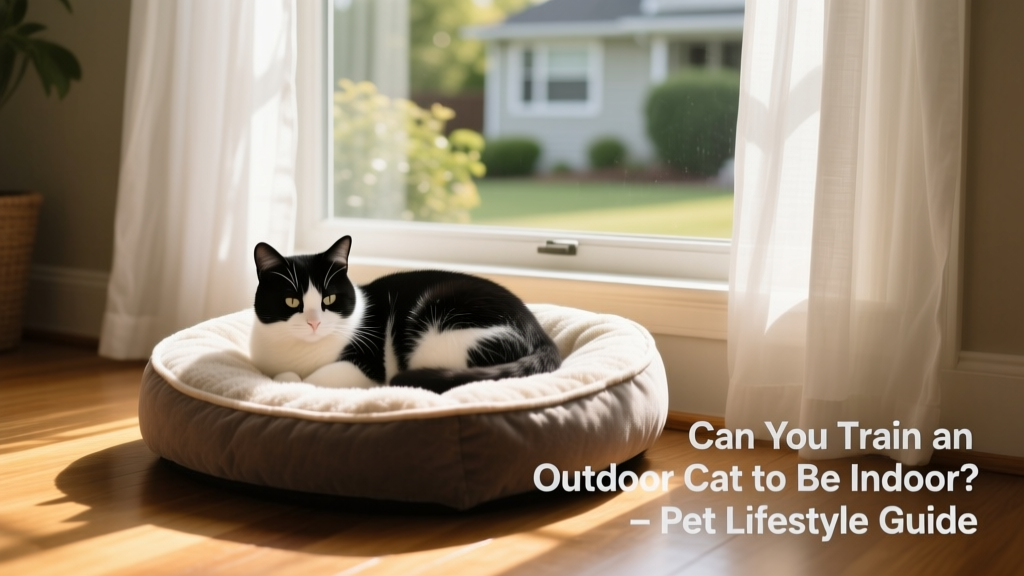 A relaxed black-and-white cat curled up on a cozy indoor cat bed beside a sunny window