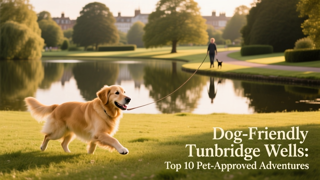 A dog enjoying open green space and a serene lake in Dunorlan Park, Royal Tunbridge Wells