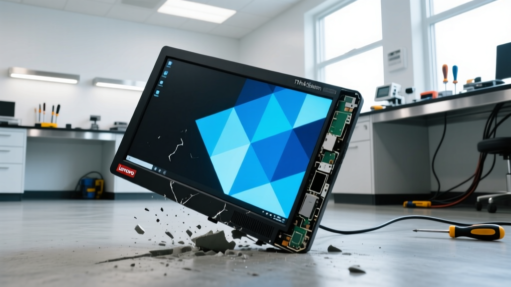 A rugged Lenovo ThinkVision portable monitor surviving a drop test on a concrete floor in a Bloomington tech lab setup