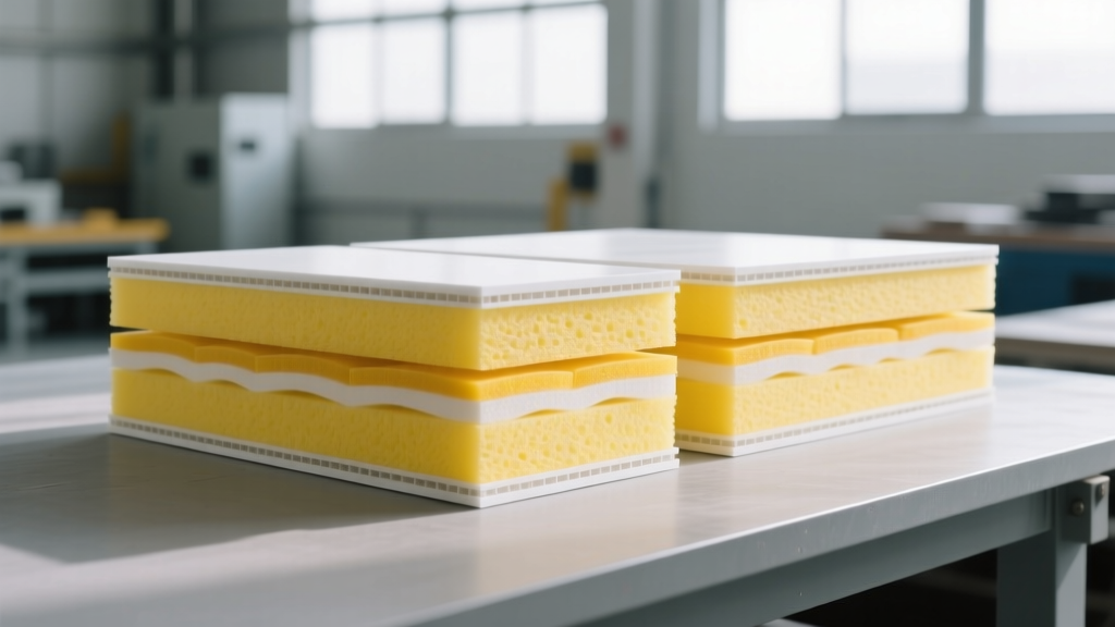 Modular sandwich panel cross-section exposing yellow PET foam core build up materials between white fiberglass face sheets in a factory