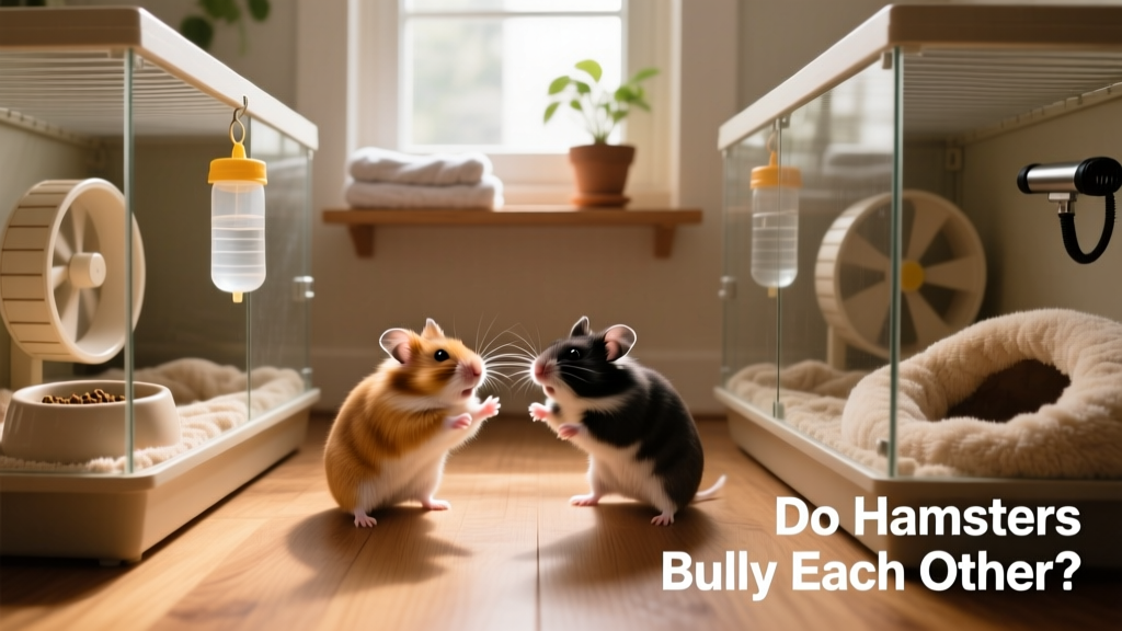 Two identical, spacious hamster habitats side-by-side, each fully equipped with wheel, food bowl, water bottle, and nesting area