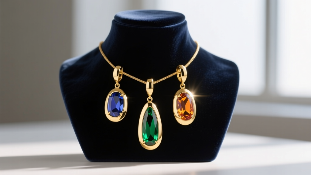 Velvet bust showcasing three pairs of 18k gold oval drop earrings with varying gemstone lengths under soft studio lighting