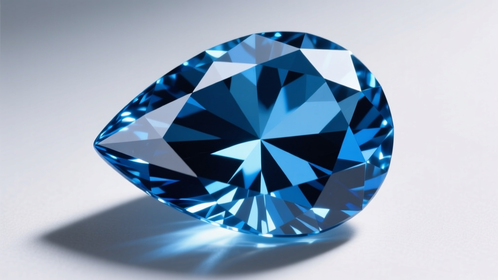 Top-down gemological view of a 58-facet pear-cut blue topaz crystal showing light return and a central bow-tie extinction effect