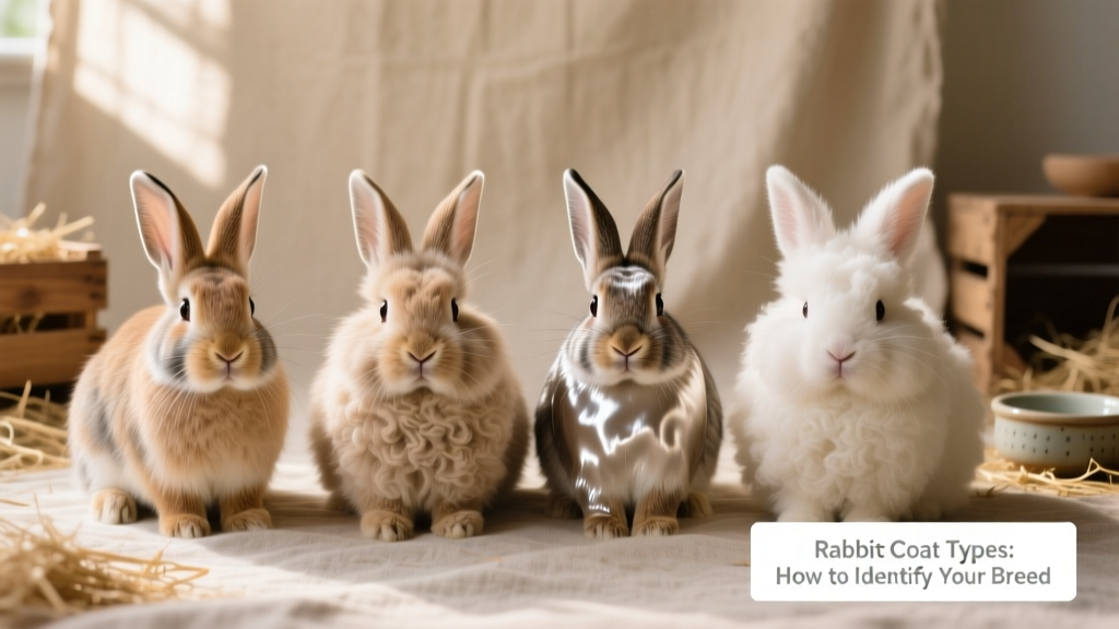 Close-up of four different rabbit coat types: normal, rex, satin, and woolly