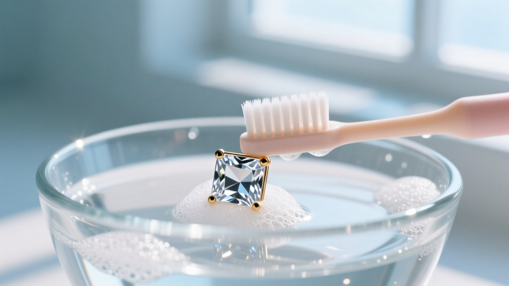 Soft baby toothbrush scrubbing a cloudy square CZ earring in a glass bowl of soapy water under bright natural window light.