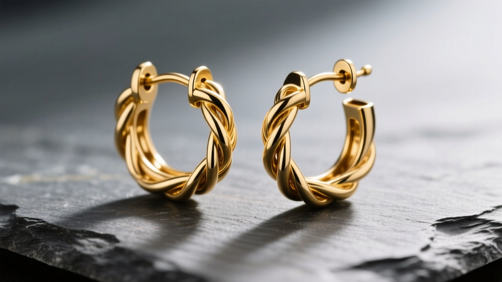 Macro shot of twisted gold huggie earrings on slate, showing the rope-like metal texture and secure clicker clasp.