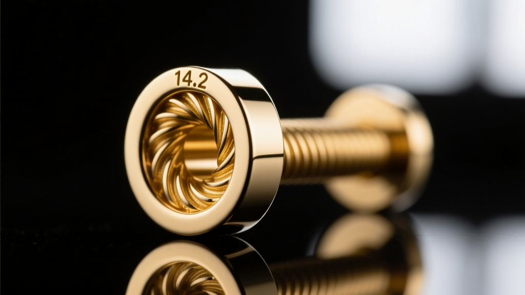 Extreme close-up of an internally threaded 14k gold labret post revealing the precise M1.2 thread pitch and mirror polish finish.