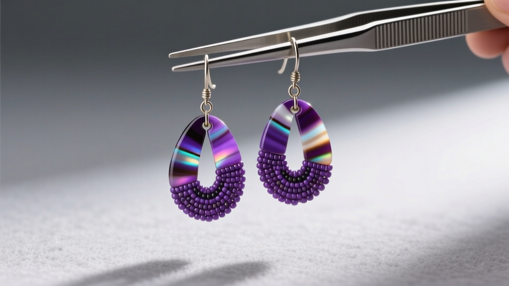 Restored wampum drop earrings displaying vibrant purple hues, held by steel tweezers against a soft gray felt background