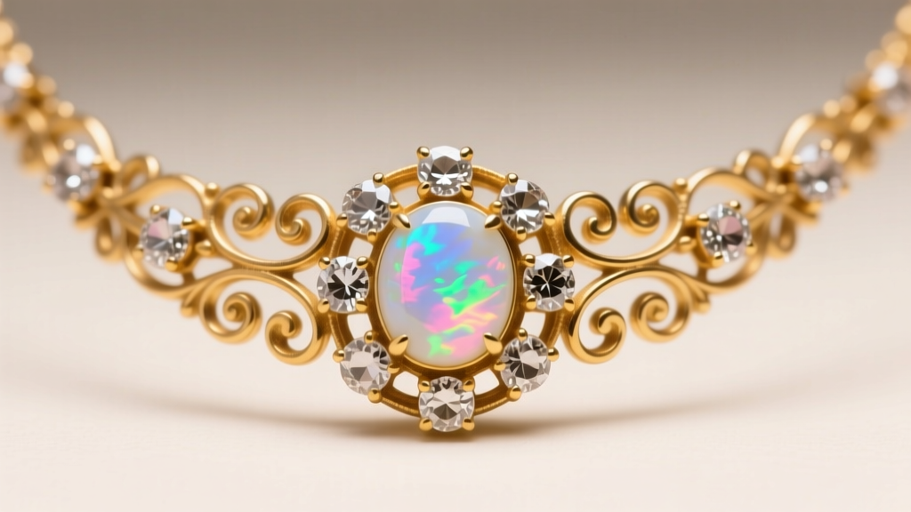 Macro shot of a Victorian antique opal necklace with a cabochon white opal surrounded by rose-cut diamonds in 15k yellow gold.