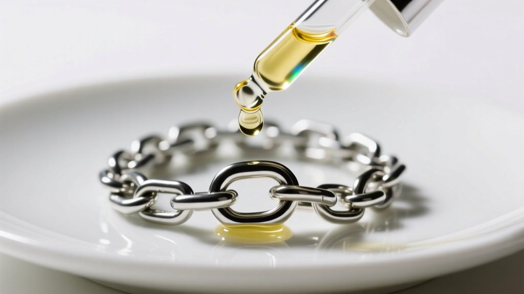 Glass dropper dispensing mineral oil onto a coiled silver chain knot on a white ceramic plate under bright, even lighting
