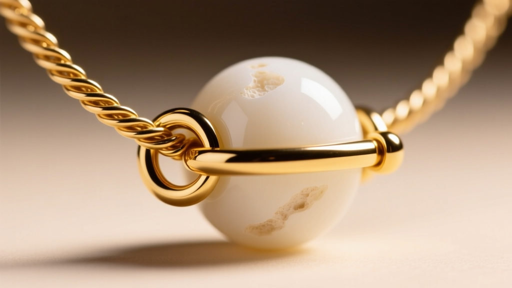 Gold toggle clasp securing thick wire on a chunky white resin bead necklace, macro lens, blurred background, warm studio lighting