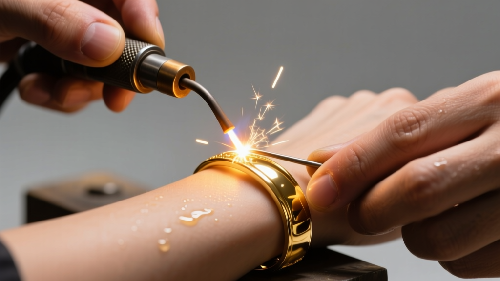 Close-up of jeweler hands using an arc welder to fuse a solid 14k gold permanent bracelet on a wrist under warm studio lighting.