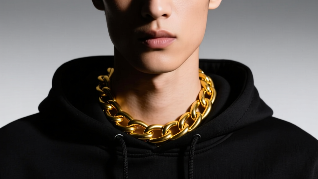 Close-up of a model wearing a thick 12mm solid yellow gold log chain necklace over a black hoodie, dramatic studio lighting