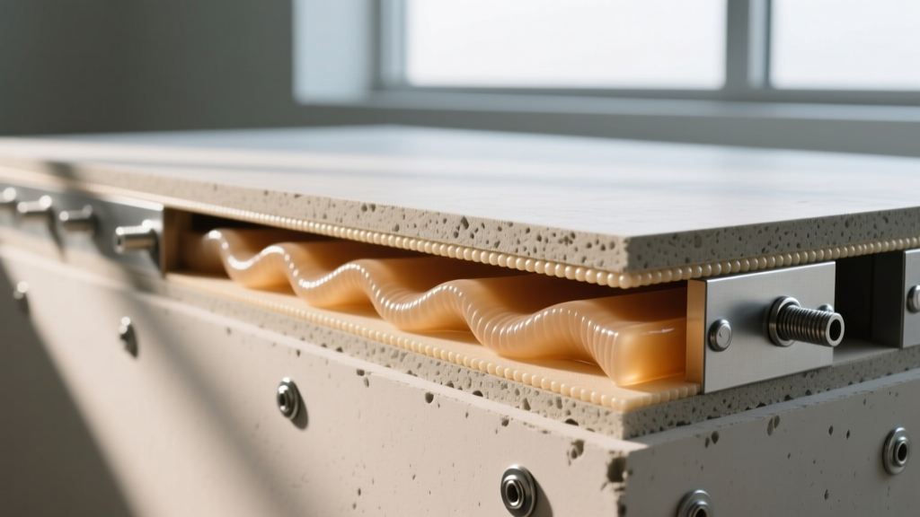 Cross-section of constrained-layer sound absorbing gypsum board showing viscoelastic polymer core installed on metal studs with acoustic sealant