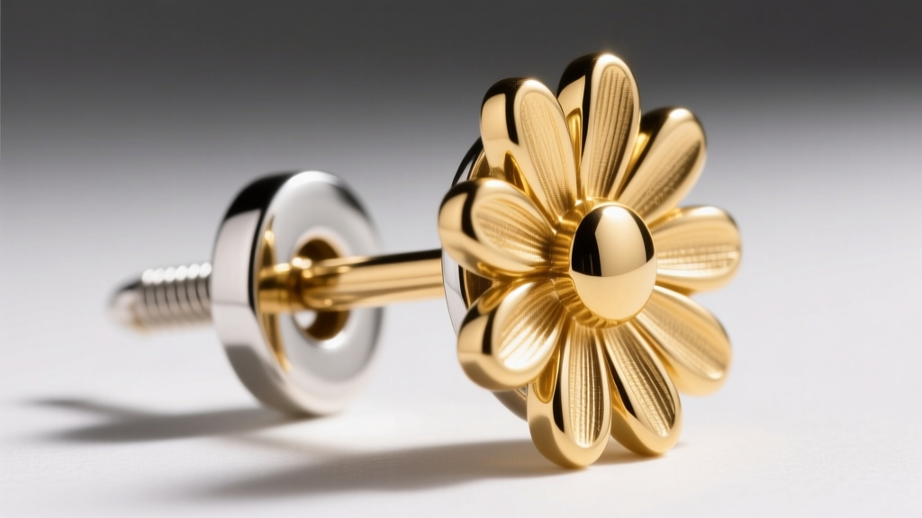 Macro shot of 20-gauge gold vermeil daisy earring post with screw-back clasp, showing thick gold layer over sterling silver.