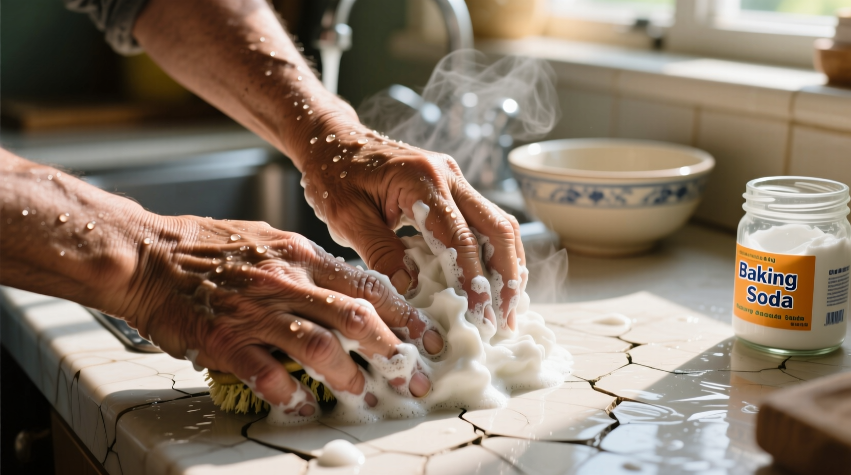 Hands scrubbing with baking soda paste