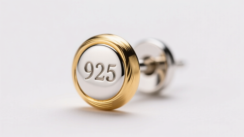 Macro shot of a 20-gauge sterling silver earring post stamped 925, showing 18k gold vermeil plating under bright studio lighting.