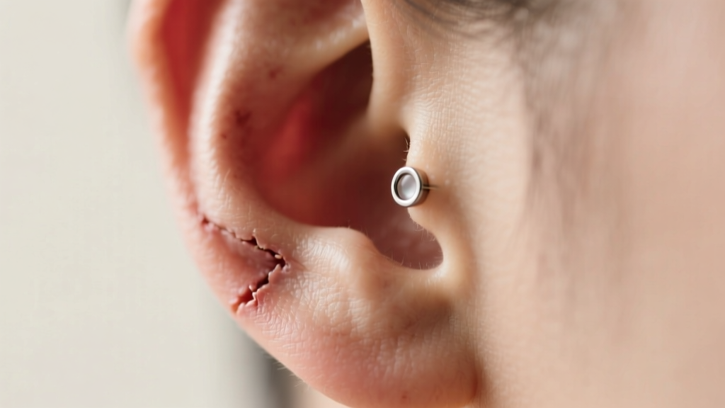 Macro shot of a healed earlobe with an empty piercing hole, lit by soft clinical lighting against a neutral skin tone background