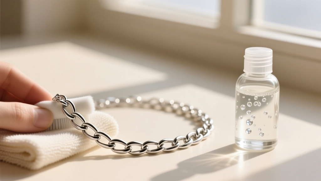Soft microfiber cloth polishing a sterling silver chain necklace next to a small glass bottle of gentle liquid jewelry cleaner.
